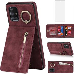 Asuwish Phone Case for Samsung Galaxy A71 5G Wallet Cover with Tempered Glass Screen Protector and Zipper RFID Card Holder Ring Stand Leather Slot Cell Accessories A 71 G5 71A S71 Women Men Wine Red
