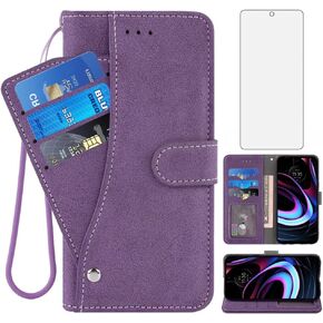 Asuwish Compatible with Motorola Moto Edge 2021/MotoEdge 5G UW Wallet Case and Tempered Glass Screen Protector Flip Credit Card Holder Stand Cell Accessories Phone Cover for MotoEdge5GUW Women Purple