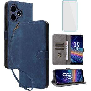 for Boost Mobile Celero 5G Plus 2024 Wallet Phone Case with Screen Protector [RFID Blocking] Leather Flip Card Holder Kickstand Strap Women Men Cell Phone Case for Boost Celero 5G + 2024 Blue