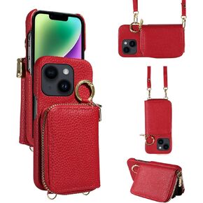 Wallet Case for iPhone 13 6.1 inch with Shoulder Strap Ring Buckle Luxury PU Leather Zipper Flip Organ Purse, Card Holder Stand Cell Phone Cover for iPhone13 5G i i-Phone i13 iPhone13case Red
