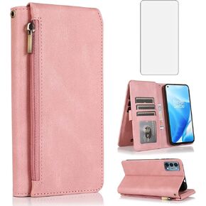 Compatible with OnePlus Nord N200 5G Wallet Case Tempered Glass Screen Protector Zipper Leather Flip Cover Card Holder Stand for One Plus N 200 G5 1 Plus 200N 1plus One+ 1+ N2005G 2021 Women Rose Gold