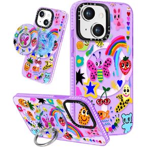 for iPhone 15 Pro Max Case for Women - Cute Kawaii Design Girls Compatible with Magsafe Magnetic Ring Holder Stand Blue Flower Phone Covers Aesthetic Girly TPU Funda for 15 Pro Max
