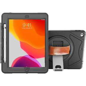 iPad 9th Generation Case, iPad 8th Generation Case, iPad 7th Generation Case with Pencil Holder, Rugged Kickstand with Rotational Hand Strap & Screen Protector