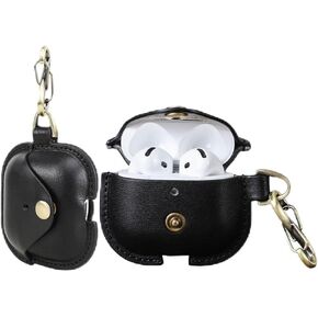 Hiram Full Grain Leather AirPods 4 Case Cover, Wireless Bluetooth Earphone Protective Holder Compatible with Airpods 4th Generation 2024, with Keychain Hook and Metal Snap