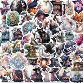 50Pcs 50Pcs Witch Stickers Pack, Black and White Stickers for Water Bottle Laptop Skateboard, Waterproof Vinyl Gothic Stickers Decal (Witch)