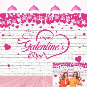 XCKALI Pink Happy Galentine's Day Backdrop Hot Pink Galentines Day Girls Photography Background Heart White Brick Wall Galentine's Day Girls Party Decorations Supplies 8x6FT