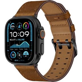 OUHENG Leather Bands Compatible with Apple Watch Band 46mm/49mm/45mm/44mm/42mm, Genuine Leather Strap for iWatch Ultra 2/1 Series 10 9 8 7 6 5 4 3 2 1 SE Men, Retro Brown/Black