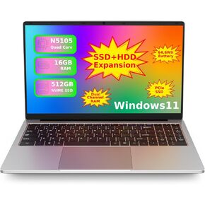 OTVOC Laptop 15.6 inch Windows 11, Celeron N5105, Quad Core, Up to 2.9GHz, 16GB Dual Channel RAM, 512GB NVME SSD, FHD IPS, 2.0MP, 2.4G+5G WiFi, BT 5.0, Type-C, HDMI, RJ45, HDD, Silver
