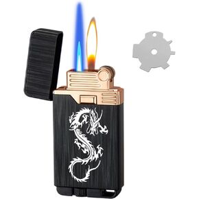 Torch Lighter, Dragon Style Dual Flame Lighter Switchable Soft/Jet Flame,Refillable Butane Lighter Grinding Wheel Ignition,Windproof Adjustable Flame Cool Lighters for Men Lady (Without Butane)-Black