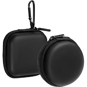 Earbud Case, 2 Pcs Square and Round Earphone Carrying Case Storage Bag with Carabiner Mini Portable Hard EVA Earphone Case Cell Phone Accessories Organizer for Earphone Earbud, Black
