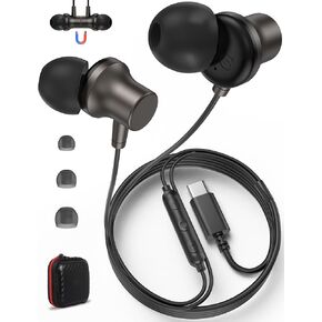 Jiunai USB C Earbuds for iPhone 16 Pro Max Galaxy S25 S24 Type C Wired Headphones with Mic Magnetic S M L Ear Tips Noise Isolated Stereo Corded USB-C Earphones for iPhone 15 iPad Pro Air M4 Gun Metal