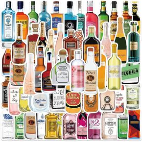 50PCS Champagne and Beer Stickers Waterproof Vinyl Bottle Decal Laptop Water Bottle Skateboard Guitar Refrigerator Scrapbook Mobile Phone Teen Adult Graffiti Stickers