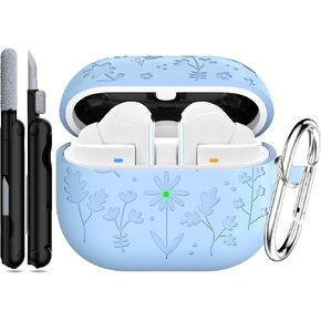 RFUNGUANGO for New Samsung Galaxy Buds 3/3 pro Silicone Case, Compatible with Samsung Galaxy Buds 3 Headphones, Flower Sculpted Cute Soft Silicone Case, Shockproof-Light Blue