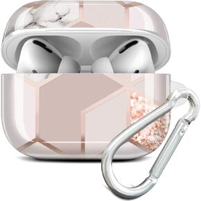 JAHOLAN Compatible with AirPods Pro 2019 / Airpods Pro 2nd Generation Glitter Marble Design Cute Protective TPU Cover Case with Keychain - Rose Gold