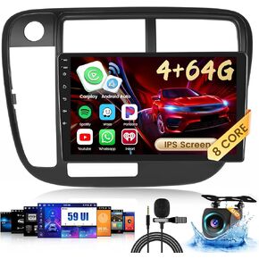 8-Core 4+64G Android 13 Car Stereo for Honda Civic 1996-2001 Upgrade Radio, 9'' HD Touch Screen with Wireless CarPlay & Android Auto, AHD Backup Camera, Mirror Link, GPS Navigation