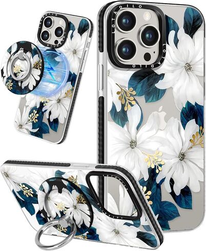 for iPhone 15 Pro Max Case for Women - Cute Kawaii Design Girls Compatible with Magsafe Magnetic Ring Holder Stand Blue Flower Phone Covers Aesthetic Girly TPU Funda for 15 Pro Max in Kuwait