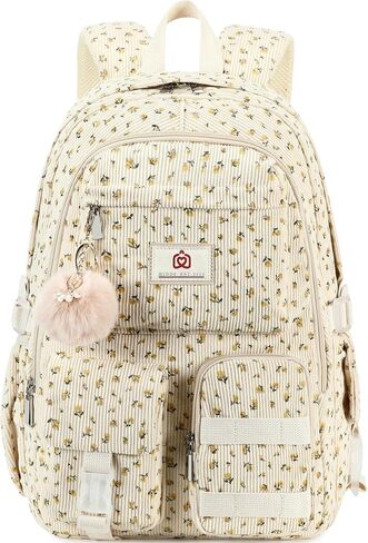 School Backpack for Teens Girls Women 15.6 Inch Laptop College Backpacks Corduroy Work Bag Kids Elementary Middle High Campus Bookbag Students Pack Travel Daypack Womens - Beige Strawberries in Saudi Arabia
