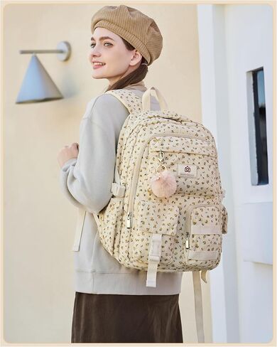 School Backpack for Teens Girls Women 15.6 Inch Laptop College Backpacks Corduroy Work Bag Kids Elementary Middle High Campus Bookbag Students Pack Travel Daypack Womens - Beige Strawberries in Saudi Arabia