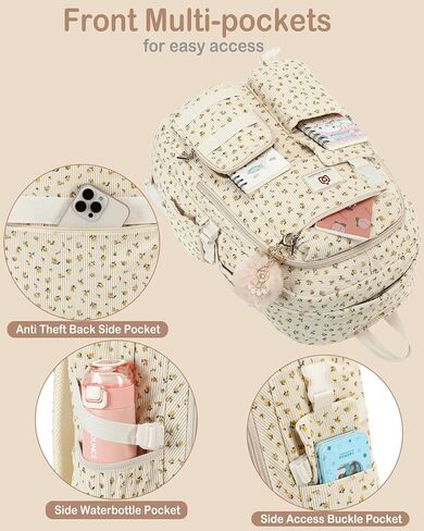 School Backpack for Teens Girls Women 15.6 Inch Laptop College Backpacks Corduroy Work Bag Kids Elementary Middle High Campus Bookbag Students Pack Travel Daypack Womens - Beige Strawberries in Saudi Arabia