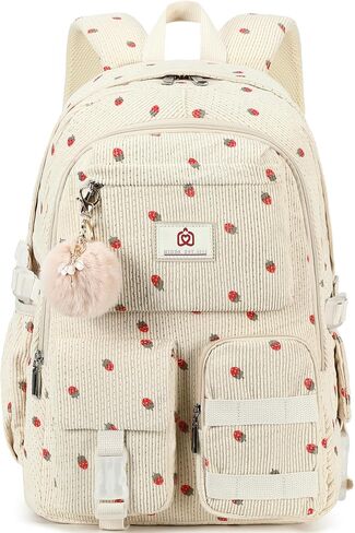 School Backpack for Teens Girls Women 15.6 Inch Laptop College Backpacks Corduroy Work Bag Kids Elementary Middle High Campus Bookbag Students Pack Travel Daypack Womens - Beige Strawberries in Saudi Arabia