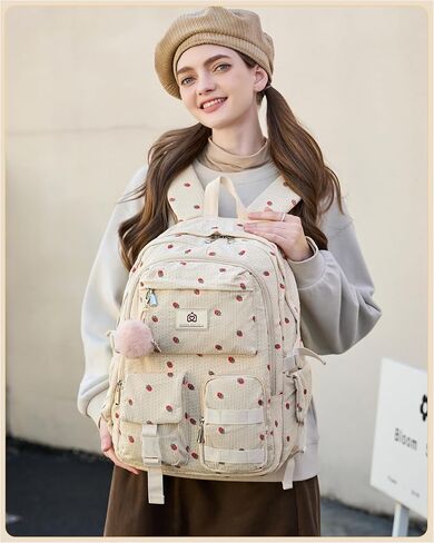 School Backpack for Teens Girls Women 15.6 Inch Laptop College Backpacks Corduroy Work Bag Kids Elementary Middle High Campus Bookbag Students Pack Travel Daypack Womens - Beige Strawberries in Saudi Arabia