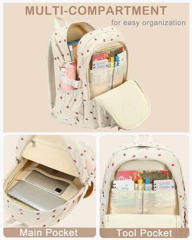 School Backpack for Teens Girls Women 15.6 Inch Laptop College Backpacks Corduroy Work Bag Kids Elementary Middle High Campus Bookbag Students Pack Travel Daypack Womens - Beige Strawberries in Saudi Arabia