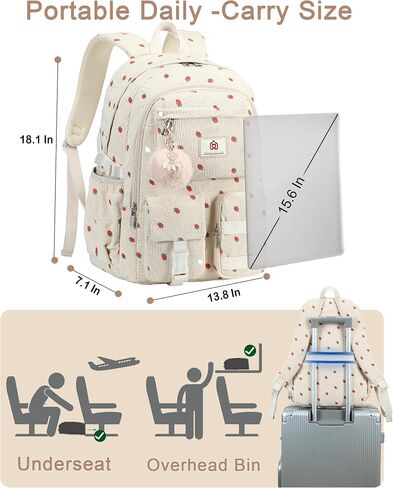 School Backpack for Teens Girls Women 15.6 Inch Laptop College Backpacks Corduroy Work Bag Kids Elementary Middle High Campus Bookbag Students Pack Travel Daypack Womens - Beige Strawberries in Saudi Arabia