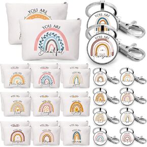 60 Pcs Inspirational Rainbow Cosmetic Bags Rainbow Keychains Set, 30 Motivational Canvas Cosmetic Bags Bulk Encouragement Makeup Bag Purse Pouch 30 Thank You Keychains for Women Teacher Appreciation