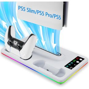 PS5 Cooling Station, PS5 Pro Stand with Dual Charger for PlayStation 5 with 3 Levels Cooling Fan, PS5 Accessories Kits, Headset Holder for PS5 Digital/Disc