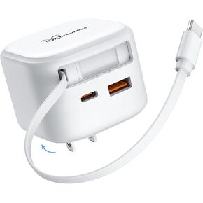 Retractable Wall Charger, 3-Port USB Charger with Retractable Type C Cable (39.4 inch), 35W Fast Charging Travel Charger for iPhone 16/15 Pro Max/iPad/Galaxy/Pixel (White)