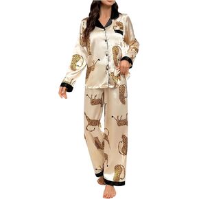 WDIRARA Women's 2 Piece Sleepwear Striped Satin Short Sleeve Shirt and Pants Pajama Set