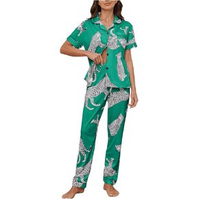 WDIRARA Women's 2 Piece Sleepwear Striped Satin Short Sleeve Shirt and Pants Pajama Set
