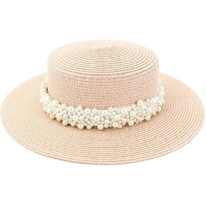 ADAHOP Bucket Hats for Women Boater Hat Bowler Sailor Wide Brim Flat Top Caps Panama Hat Fedoras Pink