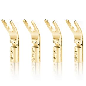 HiFi 4 pcs Gold Plated Pure Copper Speaker Spade Connectors/Plugs, Dual Screw Locking Speaker Fork Y/U Plugs/Connectors, Fork Spade Connectors for Speaker Wire DIY