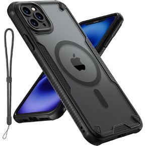 for iPhone 11 Pro Max Case, Translucent Matte Back Compatible with Magsafe Magnetic Slim Shockproof Protective Case with Lanyard Strap Phone Cover 6.5-inch, Black