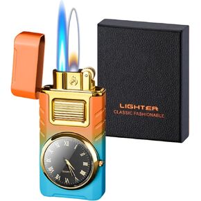 Torch Lighter, Cool Dual Flame Lighter Fashion Design, Refillable Butane Lighter with Visible Fuel Tank,Windproof Adjustable Soft Flame and Jet Flame Lighter for Men Lady (Without Fuel) (Matte Black)