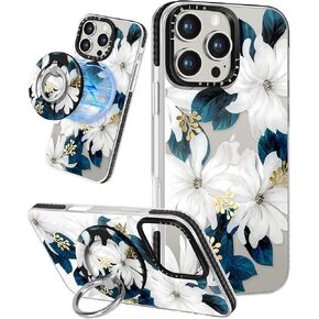 Case for iPhone 16 Pro Max Case Compatible with Magsafe Ring Holder Stand - for Women Blue Flower Design TPU Phone Cover for Girls Girly Funny Fashion