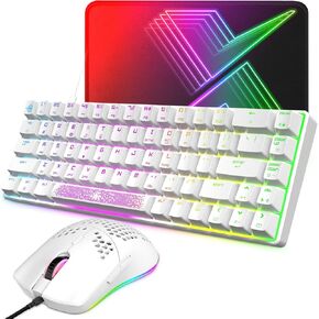 60% RGB Mechanical Gaming Keyboard and Mouse,68 Keys,Blue Switches,Detachable Type-C Cable,TKL Keyboard with Two Magic-refiner Keycaps,Lightweight RGB 12000DPI Honeycomb Gaming Mouse,Mouse pad (White)