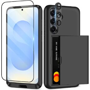 SAMONPOW for Samsung Galaxy S25 Case with Screen Protector + Camera Cover [4-in-1] Galaxy S25 Case Wallet Card Holder Heavy Duty Protective Dual Layer Shockproof Phone Case for Galaxy S25, Black