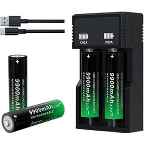 18650 Rechargeable Battery 3.7 Volt Large Capacity 9900mAh Button Top for Flashlight Headlamp (4 Pack,18650 Batteries+Charger)
