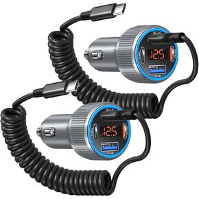 Car Charger USB C for iPhone 16/15, Besgoods 4-Port Cigarette Lighter Adapter Voltmeter with Coiled USB C Cable Fast Charging 3ft for iPhone 16 Pro Max 15 Plus iPad Pro Mini7/6 Car Accessories, 2Pack