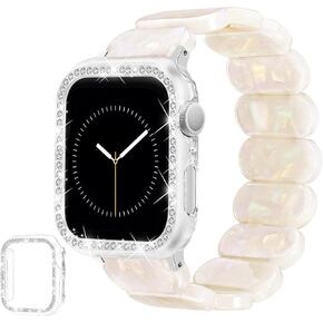 Stretchy Tortoise Resin Bracelet & Case Compatible with Apple Watch Band 40mm 38mm 41mm 42mm 44mm 45mm Women, Cute Lightweight Straps Fashion Elastic Wristbands for iWatch Series 9 8 7 6 5 4 3 2 1 SE