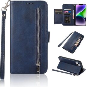 EYZUTAK Wallet Case Compatible with iPhone 14 Plus, 5 Card Slots Magnetic Closure Zipper Pocket Cash Handbag PU Leather Flip Protective Phone Case with Wrist Strap TPU Kickstand Cover - Blue