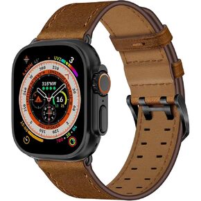 OUHENG Compatible with Apple Watch Band 49mm/46mm/45mm/44mm/42mm, Genuine Leather Bands Strap for iWatch Ultra 2/1 Series 10/9/8/7/6/5/4/3/2/1/SE, Retro Saddle Brown/Black