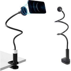 Phone Holder, Magnetic Flexible Long Arm Phone Mount for Desk Bed Bedside Table, Overhead Cell Phone Clip Bracket Clamp Stand for iOS 15 15 Pro 15 Plus