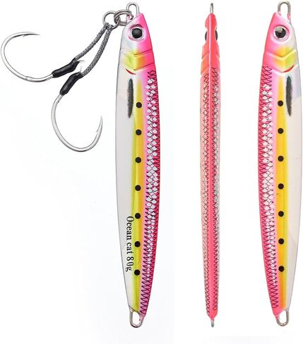 Ocean Cat Long Long Fall Fall Pitch Fishing Jigs Lures الرصاص المعدني شاطئ الرأسي الطعم القفز مع Hook Hook for Saltwater Wathwater Fishwing 20g 40g 60g 80g in Saudi Arabia