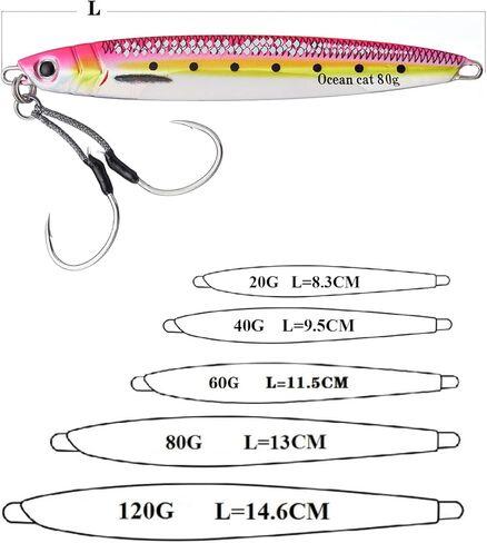 Ocean Cat Long Long Fall Fall Pitch Fishing Jigs Lures الرصاص المعدني شاطئ الرأسي الطعم القفز مع Hook Hook for Saltwater Wathwater Fishwing 20g 40g 60g 80g in Saudi Arabia