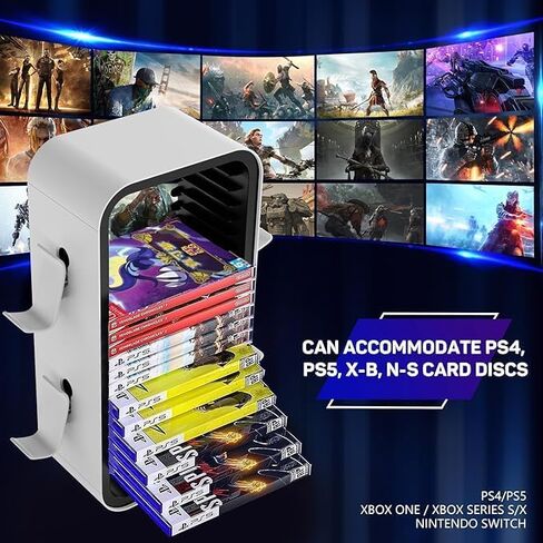Bestswitch Game Storage Tower for PS5/PS4/Xbox One/Xbox 360/Xbox Series X/S/Switch Game Cases Blu-Ray Disks Organizer, Stores 18 Game, with 4 Controller Holders (White) in Saudi Arabia