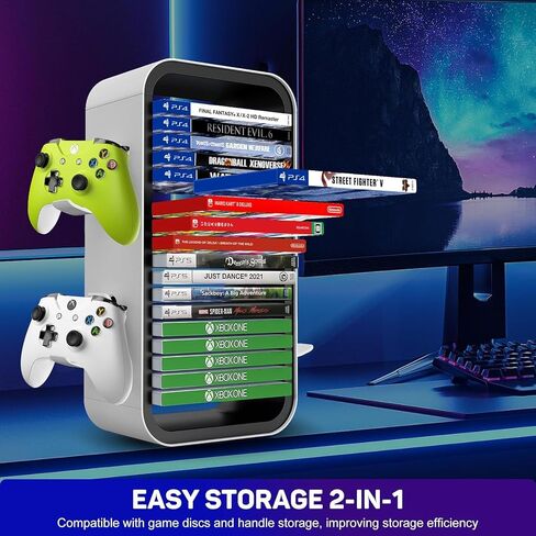 Bestswitch Game Storage Tower for PS5/PS4/Xbox One/Xbox 360/Xbox Series X/S/Switch Game Cases Blu-Ray Disks Organizer, Stores 18 Game, with 4 Controller Holders (White) in Saudi Arabia