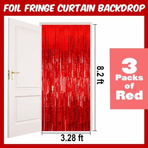 3 Pack Red Foil Fringe Curtains Backdrop, 3.28 x 8.2 Ft Metallic Streamers Tinsel Curtains Background for Photo Booth, Birthday, Christmas, Halloween, Thanksgiving, New Year Party Decorations in Saudi Arabia